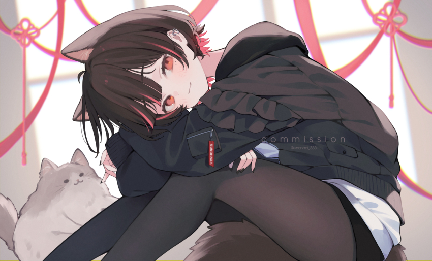 1girl, black_nails, black_pantyhose, brown_hair, cat, commission, earrings, hair_ornament