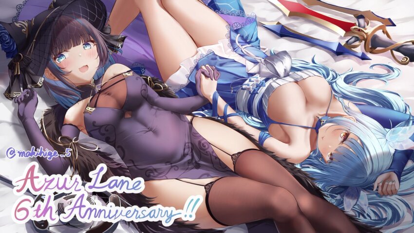 2girls, anniversary, artist_name, azur_lane, black_garter_straps, black_headwear, blue_choker, blue_dress