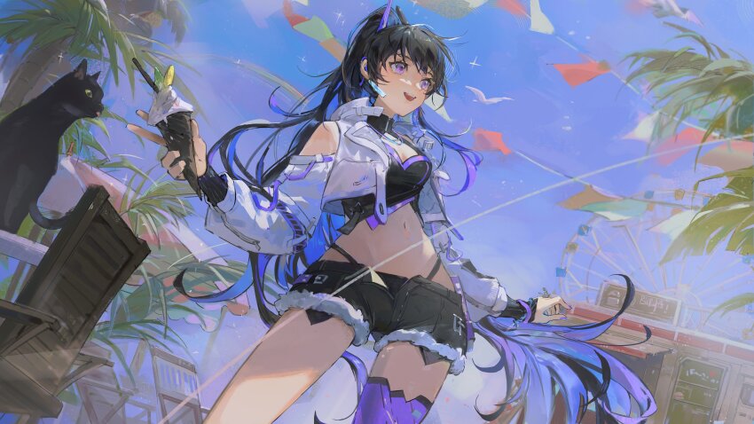 1girl, :d, absurdres, bare_shoulders, bird, black_cat, black_hair, black_shirt, black_shorts, blue_sky, breasts, cat, chair, cleavage_cutout, clothing_cutout, colored_inner_hair, cowboy_shot, cropped_jacket, cropped_shirt, day, ferris_wheel, floating_hair, food, from_below, fur-trimmed_shorts, fur_trim, hand_up, headgear, highres, holding, holding_food, holding_ice_cream, ice_cream, ice_cream_cone, jacket, leaning_to_the_side, liyuliyuzhou, long_hair, long_sleeves, looking_afar, medium_breasts, multicolored_hair, navel, open_fly, open_mouth, outdoors, panty_straps, plant, ponytail, puffy_long_sleeves, puffy_sleeves, punishing:_gray_raven, purple_eyes, purple_hair, purple_thighhighs, selena:_capriccio_(flowing_dreams)_(pgr), selena:_capriccio_(pgr), selena_(pgr), shirt, shop, shorts, shoulder_cutout, single_thighhigh, sky, smile, solo, sparkle, stomach, string_of_flags, teeth, thighhighs, upper_teeth_only, very_long_hair, white_jacket