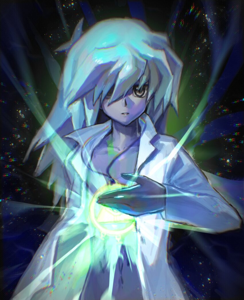 1boy, bakura_ryou, black_background, chromatic_aberration, commentary_request, expressionless, glowing_jewelry, grey_eyes, hair_between_eyes, hair_over_one_eye, highres, jewelry, long_bangs, long_hair, long_sleeves, looking_at_viewer, male_focus, millennium_ring, necklace, open_clothes, open_shirt, parted_lips, rainbow, saltedfishxuan, shirt, solo, upper_body, white_hair, white_shirt, yu-gi-oh!, yu-gi-oh!_duel_monsters