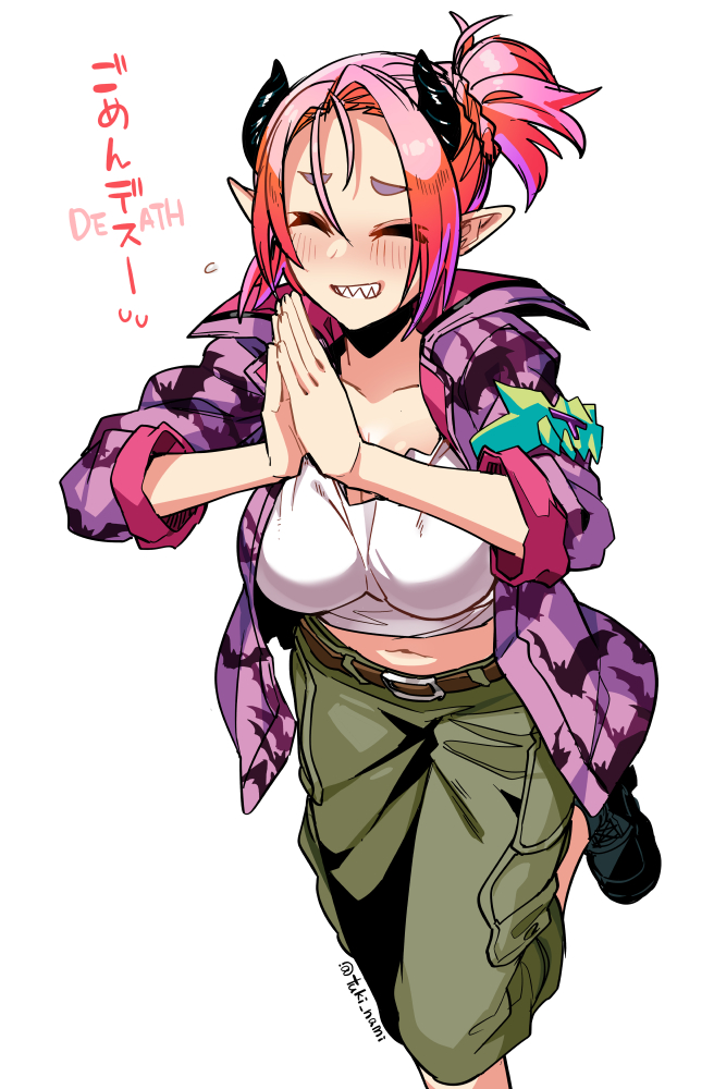 1girl, belt, breasts, cargo_shorts, closed_eyes, collarbone, demon_girl, demon_horns, duel_monster, horns, jacket, large_breasts, midriff, muckraker_from_the_underworld, navel, open_clothes, open_jacket, own_hands_together, pink_hair, ponytail, rolling_eyes, sharp_teeth, shorts, smile, solo, standing, standing_on_one_leg, teeth, tsukinami_kousuke, yu-gi-oh!