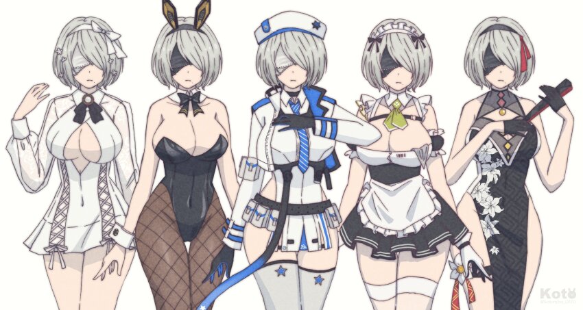 1girl, 2b_(nier:automata), alternate_costume, animal_ears, apron, arm_cuffs, bare_shoulders, belt, beret, black_belt, black_dress, black_gloves, black_leotard, black_ribbon, blindfold, blue_necktie, blunt_bangs, blush, braid, breasts, broom, button_gap, chest_strap, china_dress, chinese_clothes, cleavage, cleavage_cutout, clothing_cutout, collared_shirt, cosplay, covered_navel, cropped_jacket, crossover, curvy, detached_collar, detached_sleeves, dress, earrings, fake_animal_ears, fishnet_pantyhose, fishnets, flower, frills, gloves, goddess_of_victory:_nikke, hair_ribbon, hand_fan, hat, highleg, highleg_leotard, highres, holding, holding_fan, i_(kotombre_0370), jewelry, large_breasts, leotard, maid, maid_apron, maid_headdress, military_hat, multiple_views, necktie, nier_(series), no_panties, noir_(nikke), noir_(nikke)_(cosplay), noise_(cherry_blossom_stage)_(nikke), noise_(nikke), noise_(nikke)_(cosplay), open_mouth, pantyhose, playboy_bunny, pleated_dress, pleated_skirt, puffy_short_sleeves, puffy_sleeves, rabbit_ears, rapi_(nikke), rapi_(nikke)_(cosplay), ribbon, see-through_clothes, see-through_sleeves, shiny_skin, shirt, short_hair, short_sleeves, simple_background, skirt, sleeveless, soda_(nikke), soda_(nikke)_(cosplay), strap, strapless, strapless_leotard, suspenders, thigh_gap, thigh_strap, thighhighs, thighs, thong_leotard, two-tone_gloves, unconventional_maid, white_background, white_dress, white_flower, white_gloves, white_hair, white_ribbon, white_shirt, white_thighhighs, wide_hips, yan_(nikke), yan_(nikke)_(cosplay)