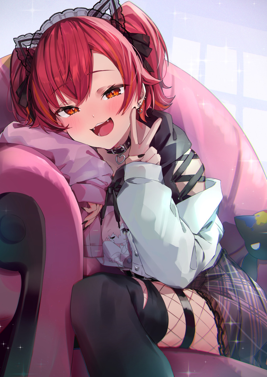 1girl, absurdres, animal_ear_hairband, animal_ears, asymmetrical_bangs, black_collar, black_hoodie, black_nails