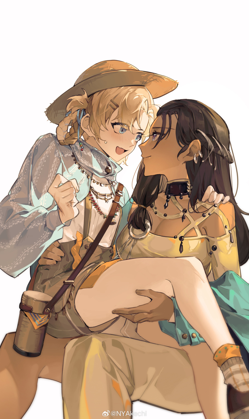 :d, absurdres, akechi_(826988799), asymmetrical_clothes, bare_shoulders, black_hair, blonde_hair, blue_coat, blue_eyes, blue_sleeves, blush, braid, braided_hair_rings, breasts, brown_footwear, brown_headwear, carrying, cleavage, clenched_hand, closed_mouth, coat, dark-skinned_female, dark_skin, desi, detached_collar, ear_piercing, embarrassed, feet_out_of_frame, french_braid, grey_shorts, grey_socks, hair_ornament, hair_over_shoulder, hair_rings, hairpin, hand_on_another's_shoulder, hand_on_another's_thigh, hand_on_another's_waist, hand_up, hat, highres, jewelry, kaalaa_baunaa, large_breasts, long_hair, looking_at_another, matilda_bouanich, matilda_bouanich_(the_genius's_holiday), medium_hair, necklace, off_shoulder, official_alternate_costume, open_mouth, pants, piercing, princess_carry, profile, purple_eyes, reverse:1999, shirt, shorts, shrug_(clothing), single_pantsleg, sitting, smile, socks, straw_hat, suspender_shorts, suspenders, sweatdrop, twin_braids, watermark, weibo_watermark, white_background, white_shirt, yellow_pants, yellow_shirt, yuri