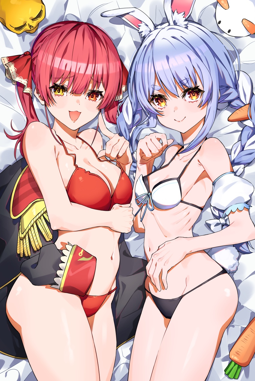 2girls, absurdres, animal_ear_fluff, animal_ears, bed_sheet, bikini, black_bikini, black_coat