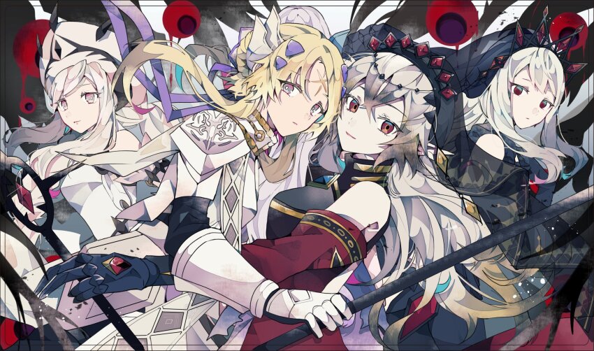 4girls, armor, armored_dress, bare_shoulders, black_dress, blazing_cartesia_the_virtuous, blonde_hair, braid