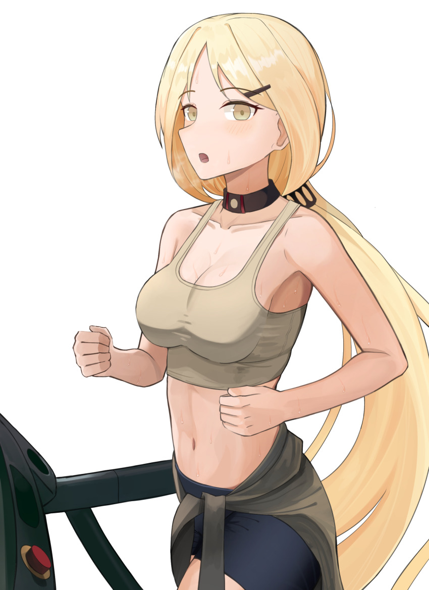 1girl, absurdres, armpits, bike_shorts, blonde_hair, blue_shorts, breasts, clothes_around_waist