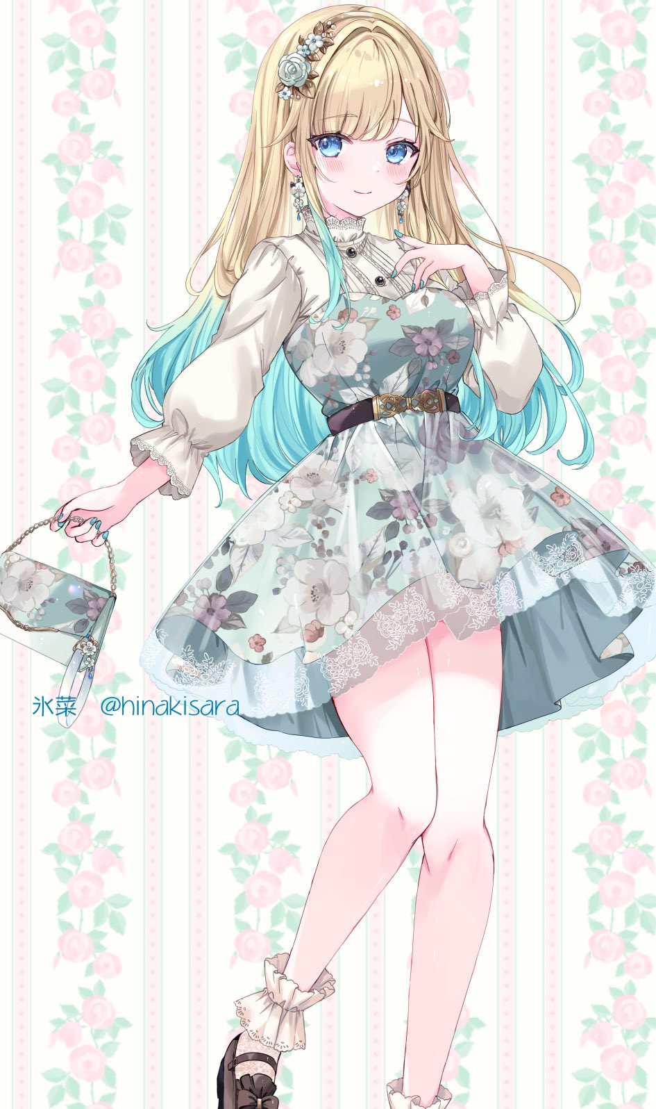 1girl, aizawa_ema, aizawa_ema_(3rd_costume), aqua_dress, aqua_eyes, aqua_hair, aqua_nails, artist_name