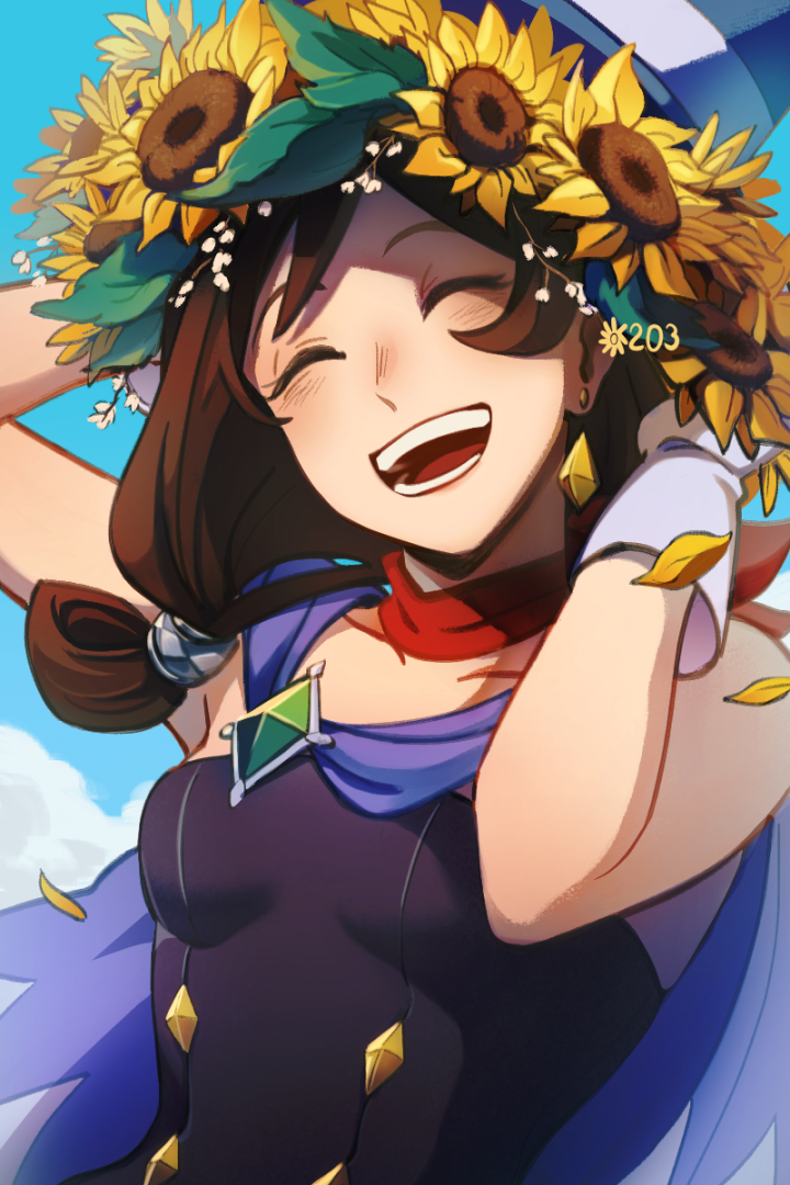 1girl, :d, ace_attorney, arms_up, black_shirt, blue_cape, blush, brown_hair, buttons, cape, closed_eyes, earrings, flower, gem, gloves, green_gem, head_wreath, jewelry, long_hair, low-tied_long_hair, medium_hair, mono_(bluesky), open_mouth, red_scarf, scarf, shirt, smile, solo, strapless, strapless_shirt, sunflower, swept_bangs, trucy_wright, upper_body, white_gloves, yellow_flower