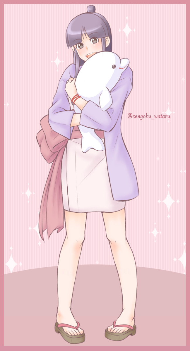 1girl, ace_attorney, artist_name, black_hair, full_body, highres, hiraishi_wataru, holding