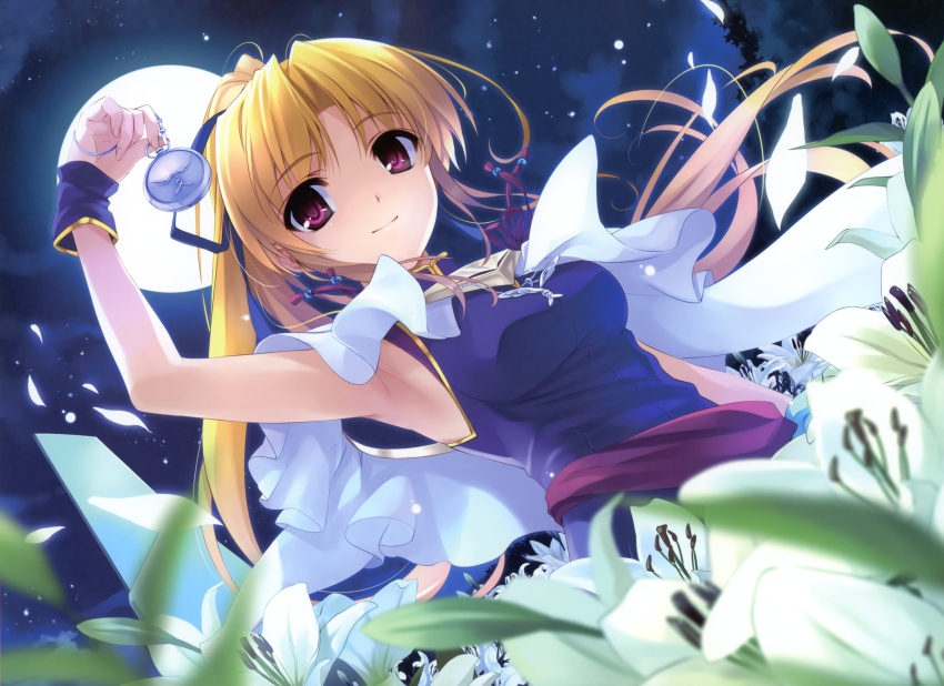 1girl, absurdres, armpits, blonde_hair, bridal_gauntlets, capelet, cynthia_marguerite, dutch_angle, female_focus, flower, full_moon, hair_ribbon, hazuki_(company), highres, jewelry, lily_(flower), long_hair, misaki_kurehito, moon, necklace, night, pocket_watch, ponytail, red_eyes, ribbon, sash, smile, solo, watch, yoake_mae_yori_ruri_iro_na