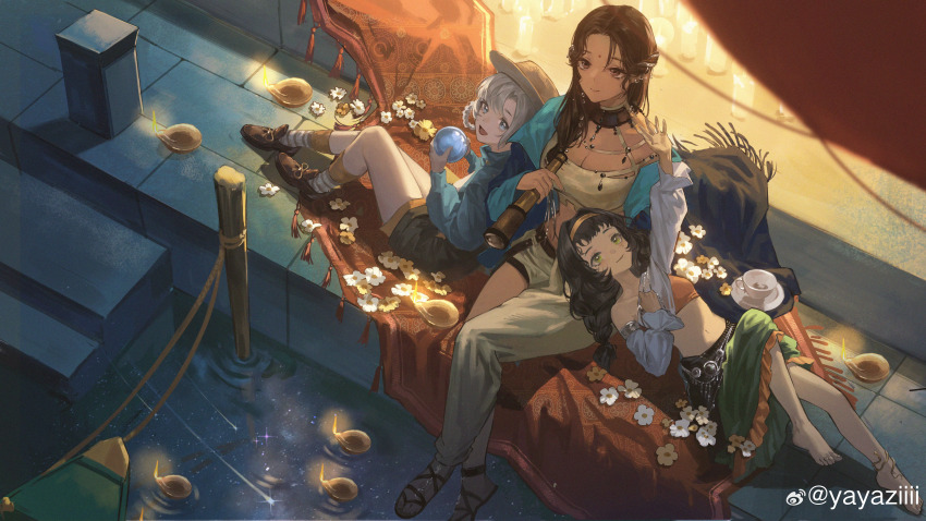 3girls, :d, absurdres, anklet, arm_up, asymmetrical_clothes, bare_legs, barefoot