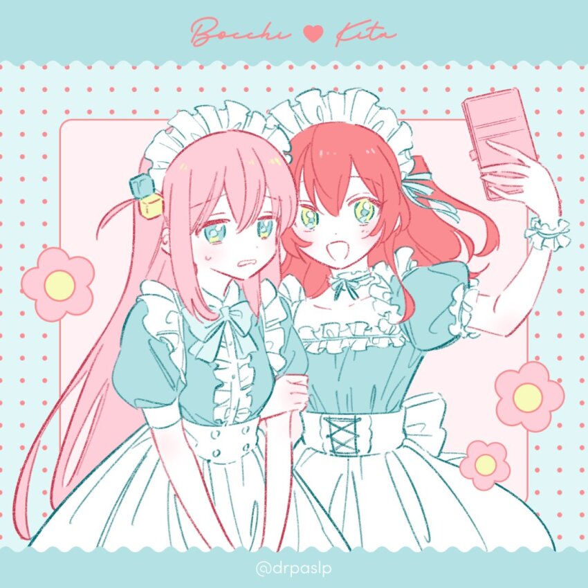 2girls, :d, arm_grab, blue_bow, blue_dress, blue_eyes, blush, bocchi_the_rock!, bow, cellphone, center_frills, character_name, choker, commentary_request, cube_hair_ornament, dress, flower, frilled_choker, frills, gotoh_hitori, green_eyes, hair_between_eyes, hair_ornament, hand_up, heart, holding, holding_phone, kita_ikuyo, koyomi_(drpaslp), long_hair, maid, maid_headdress, multiple_girls, nervous, official_alternate_costume, one_side_up, open_mouth, phone, pink_flower, pink_hair, polka_dot, polka_dot_background, puffy_short_sleeves, puffy_sleeves, red_hair, selfie, short_sleeves, smartphone, smile, sweatdrop