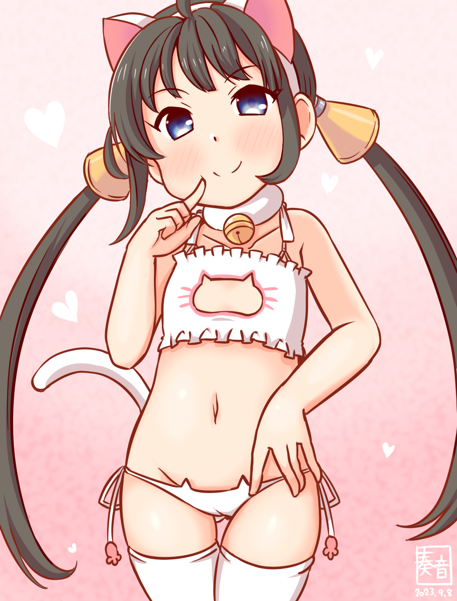 1girl, animal_ears, artist_logo, bell, black_hair, blue_eyes, bra, cat_cutout, cat_ear_panties, cat_ears, cat_lingerie, cat_tail, cleavage_cutout, clothing_cutout, commentary_request, cowboy_shot, dated, flat_chest, frilled_bra, frills, gradient_background, hair_ornament, heart, jingle_bell, kaiboukan_no._22_(kancolle), kanon_(kurogane_knights), kantai_collection, logo, long_hair, low_twintails, lowleg, lowleg_panties, navel, neck_bell, one-hour_drawing_challenge, panties, pink_background, side-tie_panties, solo, tail, thighhighs, twintails, underwear, underwear_only, white_bra, white_panties, white_thighhighs