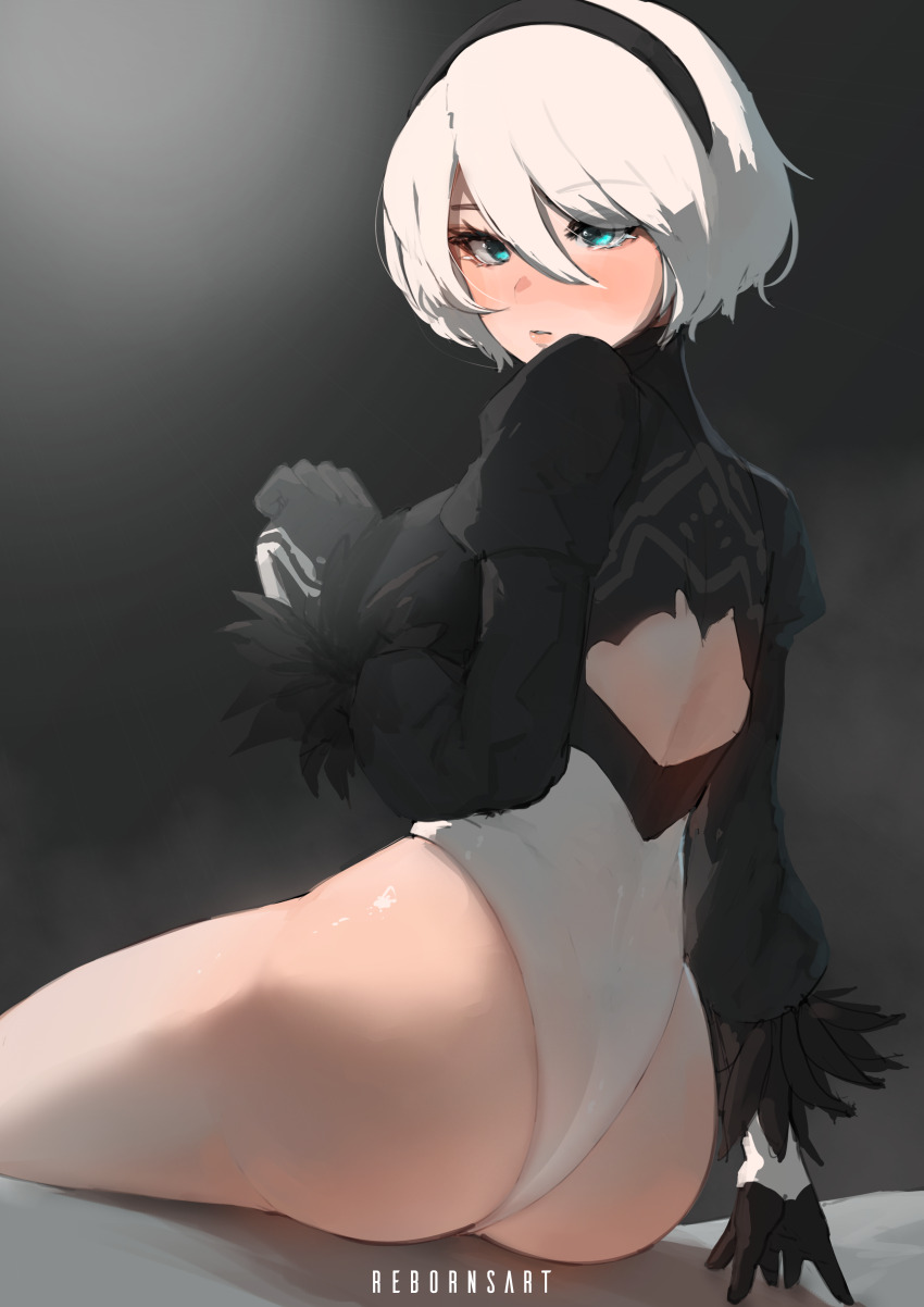 1girl, 2b_(nier:automata), absurdres, artist_name, ass, back_cutout, bed, black_gloves, black_hairband, black_leotard, blue_eyes, clothing_cutout, from_behind, gloves, hair_between_eyes, hairband, highres, juliet_sleeves, leotard, long_sleeves, looking_at_viewer, looking_back, multicolored_leotard, nier:automata, nier_(series), on_bed, puffy_sleeves, reborns, shadow, short_hair, sitting, solo, two-tone_leotard, white_hair, white_leotard