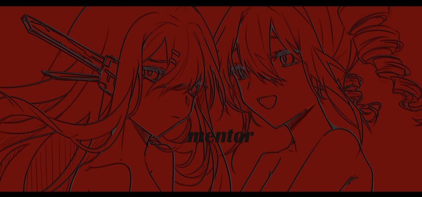 2girls, closed_mouth, commentary, drill_hair, english_text, floating_hair, from_side, frown