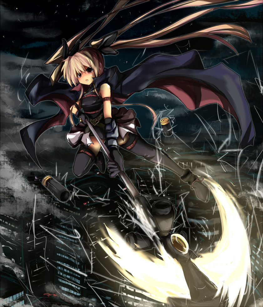1girl, bardiche_(haken_form)_(nanoha), bardiche_(nanoha), blonde_hair, cape, city, fate_testarossa, fate_testarossa_(lightning_form)