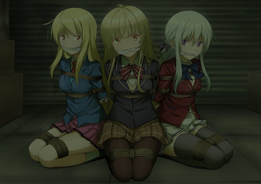 3girls, absurdres, arms_behind_back, bdsm, blonde_hair, bondage, bound, bound_arms