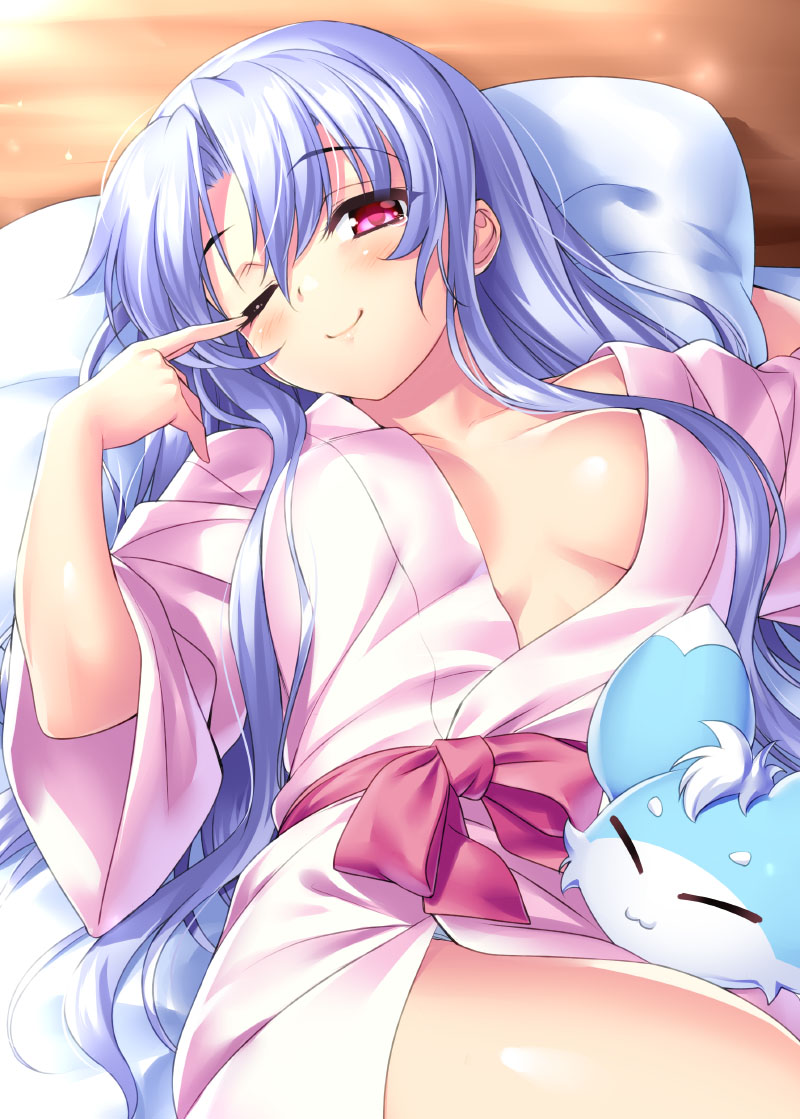 1girl, ;), arm_up, blue_hair, blush, breasts, breasts_apart, closed_mouth