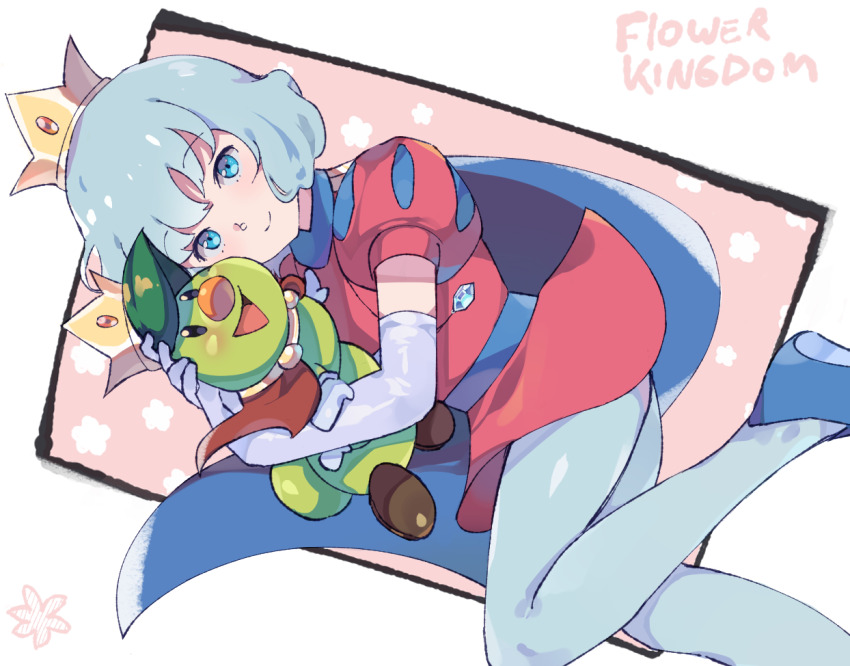 2boys, :d, androgynous, aqua_eyes, blue_footwear, bob_cut, cape, caterpillar, crown, dutch_angle, elbow_gloves, flower, fq75017, gloves, holding, hug, in-franchise_crossover, jewelry, looking_at_viewer, male_focus, mario_(series), multiple_boys, necklace, nintendo, open_mouth, pantyhose, prince_florian, prince_haru, red_tunic, short_hair, simple_background, smile, super_mario_bros.:_peach-hime_kyushutsu_dai_sakusen!, super_mario_bros._wonder, trap, tunic, white_gloves