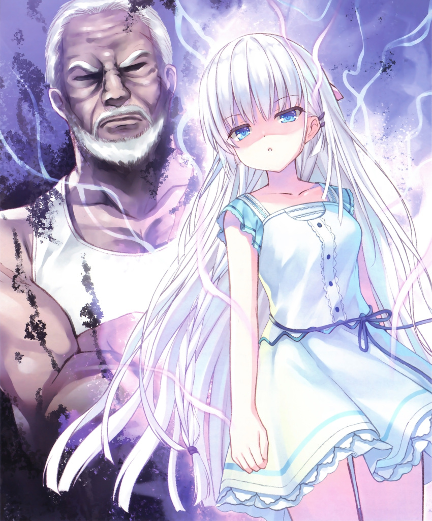 1boy, 1girl, absurdres, angry, bare_arms, beard, blue_background, blue_dress, blue_eyes, blue_ribbon, blunt_ends, center_frills, clenched_hand, collarbone, cowboy_shot, dress, eyelashes, facial_hair, floating_hair, frilled_dress, frills, frown, glowing, grandfather_and_granddaughter, grey_hair, hair_between_eyes, hair_ornament, hairclip, highres, humuyun, jitome, long_hair, looking_at_viewer, muscular, muscular_male, naruse_kobato, naruse_shiroha, old, old_man, parted_lips, ribbon, shaded_face, short_dress, simple_background, solo_focus, standing, summer_pockets, very_long_hair, white_hair