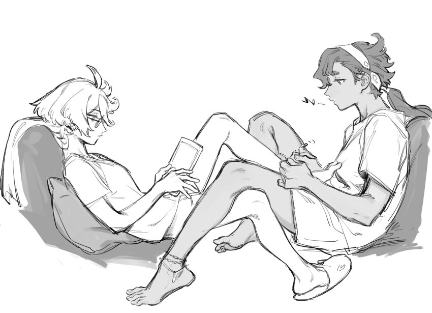 2girls, absurdres, bare_legs, barefoot, bespectacled, bottomless, full_body, glasses