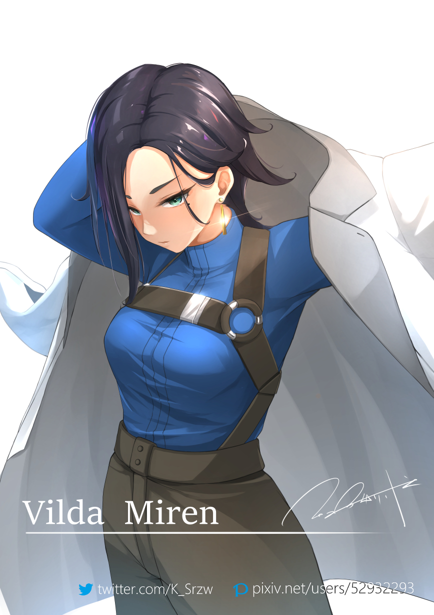 1girl, aqua_eyes, black_hair, blue_eyes, coat, commentary, earrings, gundam, gundam_suisei_no_majo, gundam_suisei_no_majo:_vanadis_heart, highres, jewelry, mole, mole_under_eye, serike_w, short_hair, signature, solo, vilda_miren, watermark, web_address, white_background, white_coat