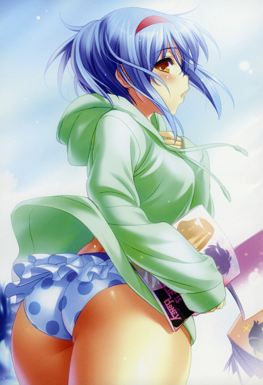 1girl, absurdres, ass, bikini, blue_background, blue_bikini, blue_hair, blush