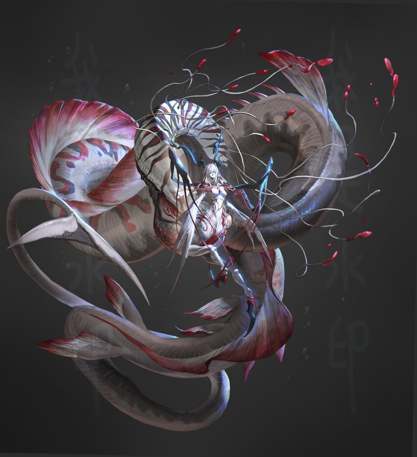 1girl, absurdres, air_bubble, antlers, black_background, blue_lips, breasts, bubble