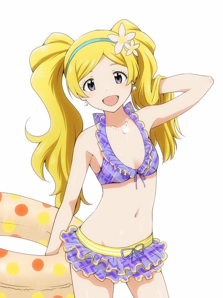 1girl, aqua_hairband, bikini, blonde_hair, breasts, checkered_bikini, checkered_clothes, collarbone