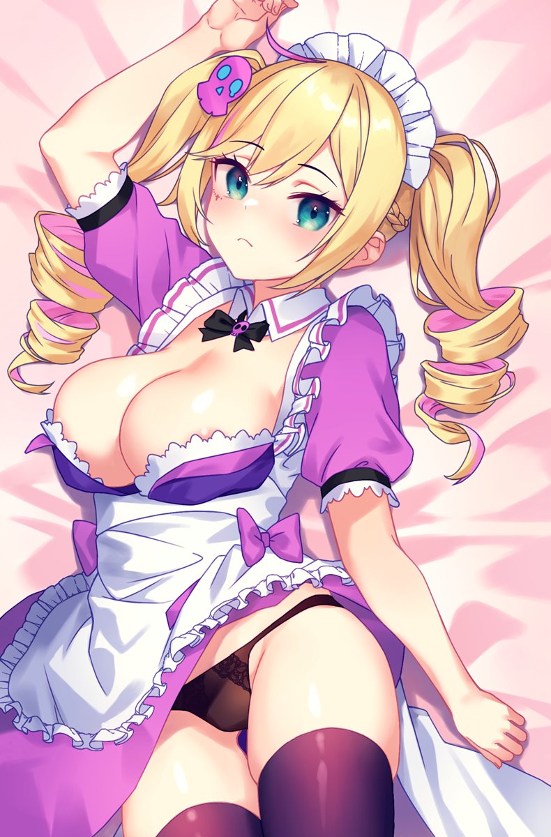 1girl, apron, areola_slip, arm_up, blonde_hair, blush, bow, bowtie, braid, breasts, brown_panties, cleavage, closed_mouth, colored_inner_hair, commentary_request, commission, cross_tattoo, dakimakura_(medium), drill_hair, eye_tattoo, french_braid, green_eyes, hair_ornament, highres, indie_virtual_youtuber, lace, lace_panties, large_breasts, lif_prase, long_hair, looking_at_viewer, lying, maid, maid_apron, maid_headdress, multicolored_hair, on_back, pankura, panties, pink_bow, pink_bowtie, pink_hair, skeb_commission, skull_hair_ornament, solo, streaked_hair, swept_bangs, tattoo, thighhighs, twin_drills, twintails, underwear, virtual_youtuber