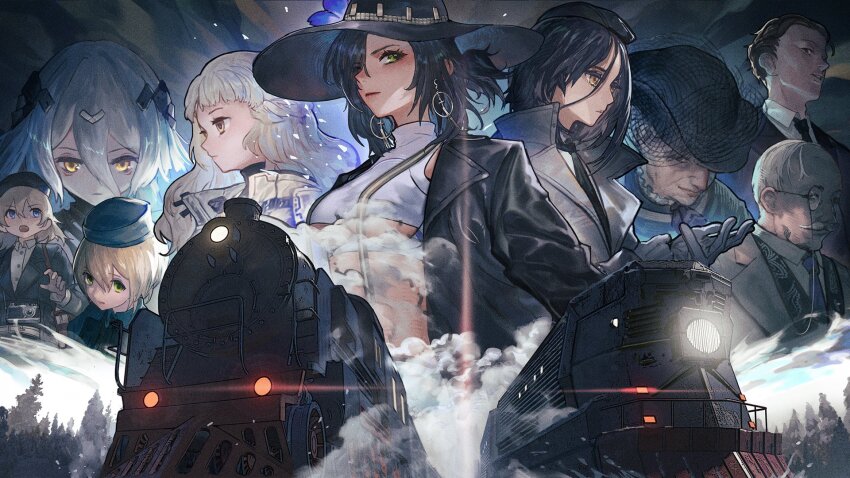 2boys, 6+girls, ar-18_(girls'_frontline), beret, black_hair, black_headwear, black_jacket, black_necktie, blonde_hair, blue_eyes, blue_necktie, braid, breasts, brown_eyes, catherine_ponzi_(girls'_frontline), closed_mouth, colt_walker_(girls'_frontline), convenient_censoring, crop_top, dark_skin, earrings, erma_(girls'_frontline), eugene_rugosa_(girls'_frontline), facial_hair, french_braid, game_cg, girls'_frontline, green_eyes, hair_ornament, hairclip, hat, highres, hoop_earrings, jacket, jewelry, lips, long_hair, looking_at_viewer, medium_breasts, medium_hair, monocle, multiple_boys, multiple_girls, mustache, necktie, nikolai_vasileyevich_(girls'_frontline), official_art, open_clothes, open_jacket, open_mouth, orange_eyes, paradeus, promotional_art, shirt, short_hair, spoilers, steam, steam_censor, stomach, syuzanna_(girls'_frontline), tareus_(girls'_frontline), train, tree, underboob, upper_body, valeriya_lyuba_(girls'_frontline), white_hair, white_shirt