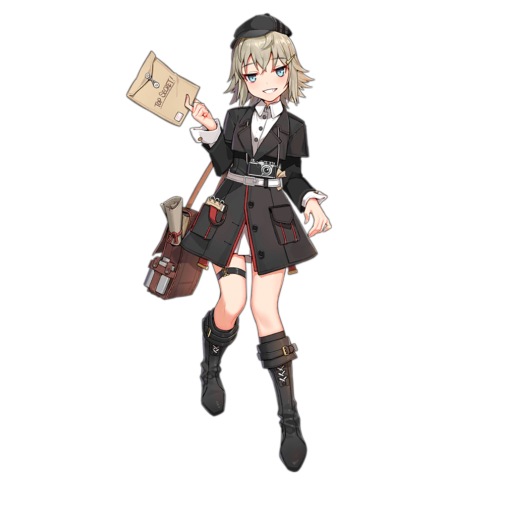 1girl, bag, black_coat, black_hat, black_socks, blonde_hair, blue_eyes, boots, brown_bag, buttons, newsboy_cap, camera, catherine_ponzi_(girls'_frontline), coat, crossed_bangs, english_text, envelope, file, full_body, girls'_frontline, grin, hair_ornament, hairclip, hat, hip_flask, holding, knee_boots, kneehighs, kyouki_no_kimi, long_sleeves, manila_envelope, notepad, official_art, satchel, scroll, shirt, short_hair, simple_background, skirt, smile, smirk, smug, socks, solo, straight-on, strap, tachi-e, thigh_strap, third-party_source, transparent_background, uniform, white_shirt, white_skirt, white_wrist_cuffs, wrist_cuffs