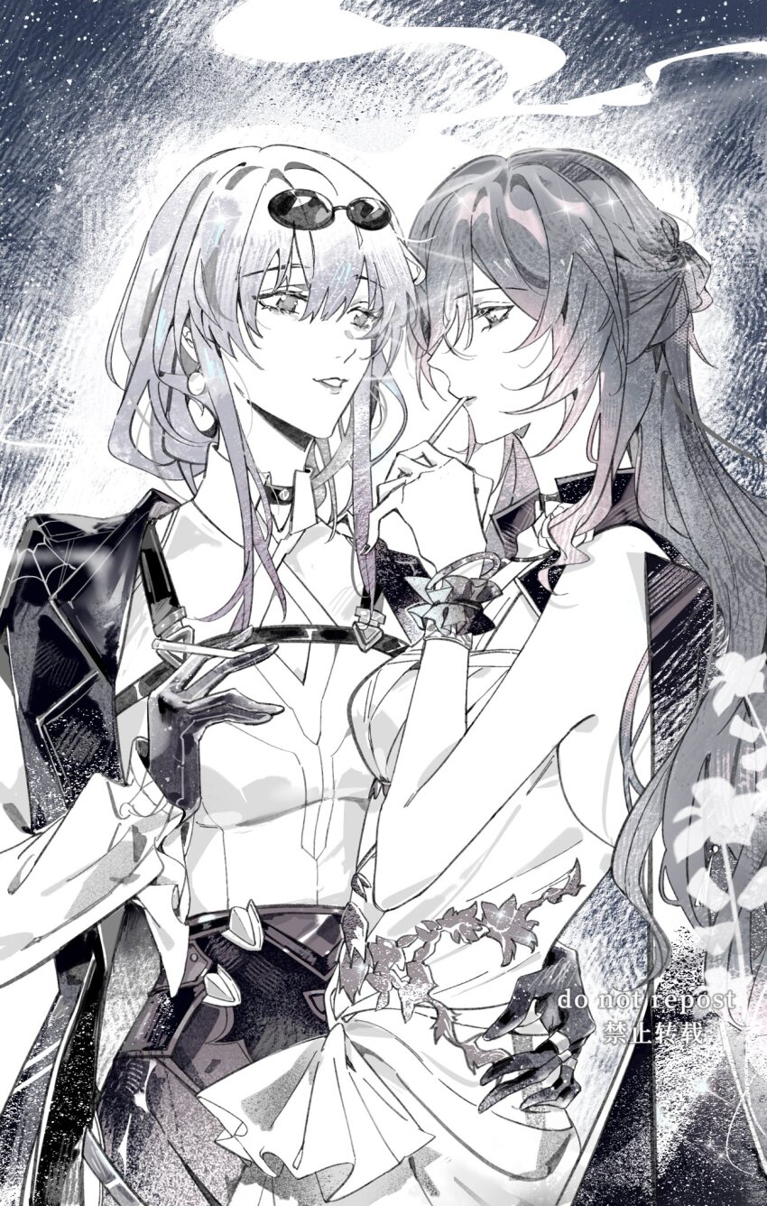 2girls, cigarette, closed_mouth, coat, coat_on_shoulders, dress, english_text, eyewear_on_head, gloves, greyscale, hand_on_another's_hip, highres, himeko_(honkai:_star_rail), honkai:_star_rail, honkai_(series), kafka_(honkai:_star_rail), looking_at_another, mature_female, monochrome, multiple_girls, parted_lips, shirt, smoking, standing, upper_body, violessastvira, yuri