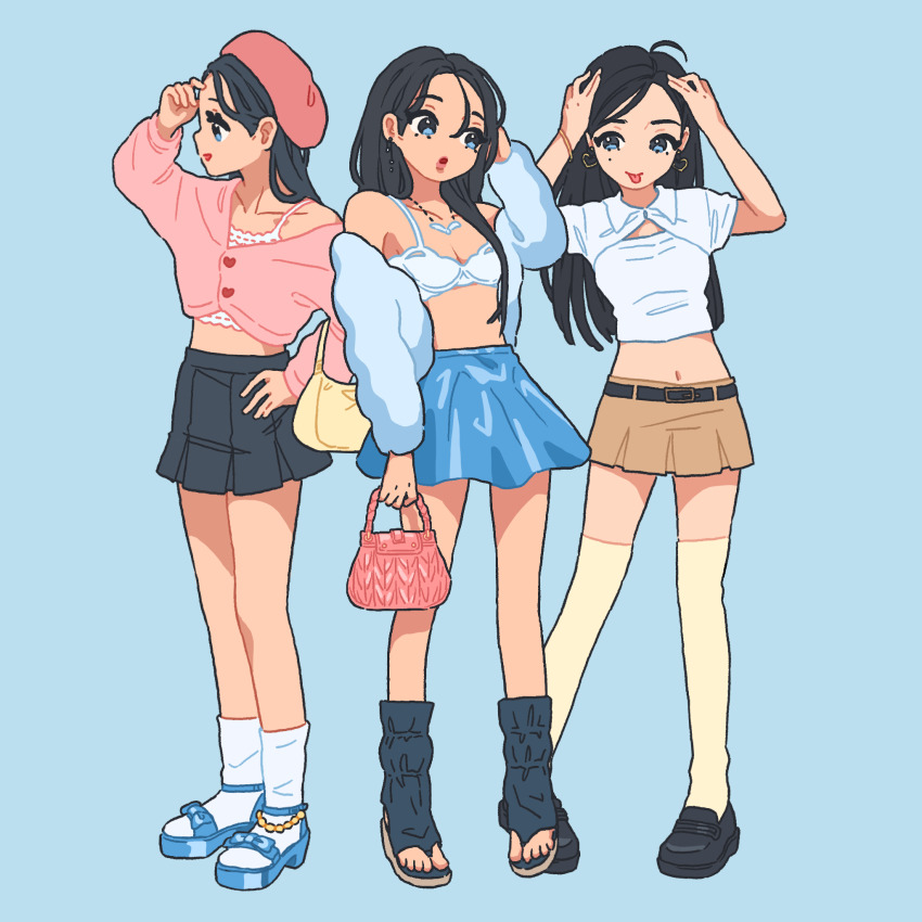 1girl, :o, belt, beret, black_belt, black_footwear, black_skirt, blue_background