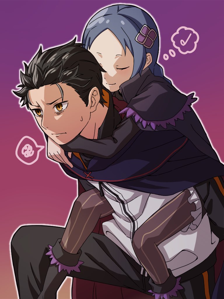 1boy, 1girl, alternate_costume, alternate_universe, antena_sasaru, bags_under_eyes, black_hair, blue_hair