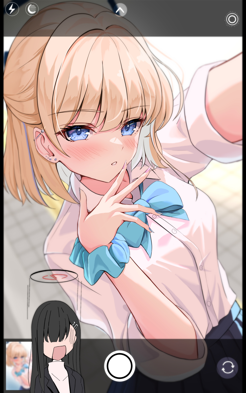 absurdres, aqua_bow, aqua_bowtie, blonde_hair, blue_archive, blue_eyes, blurry, blush