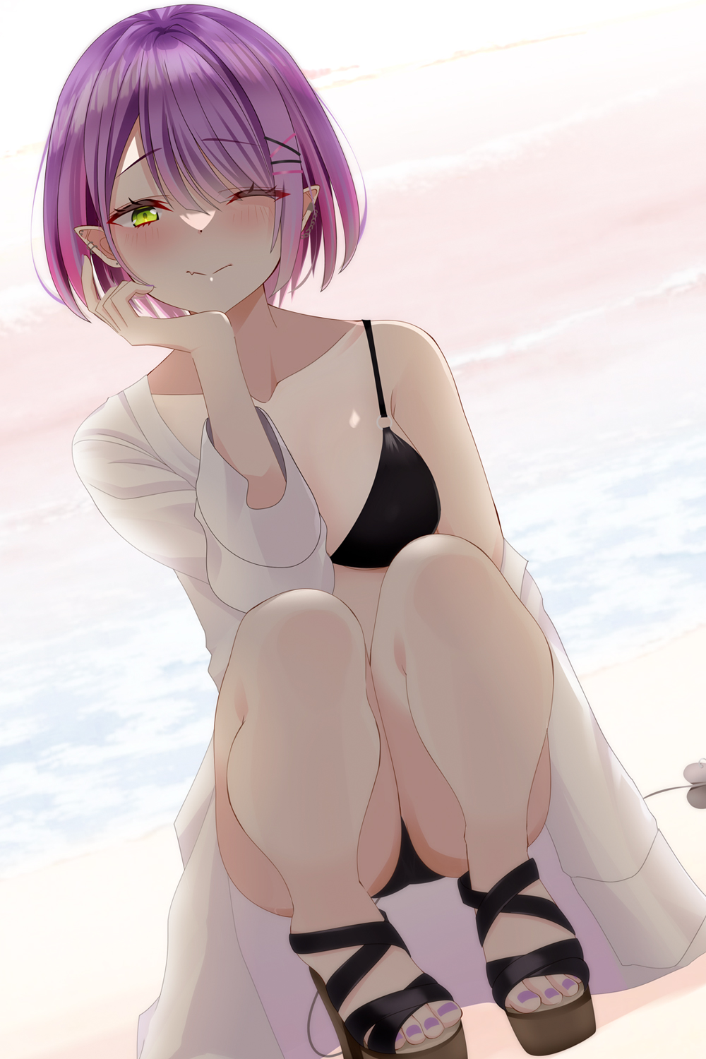 1girl, alternate_costume, armpit_crease, beach, bikini, black_bikini, blush, breasts