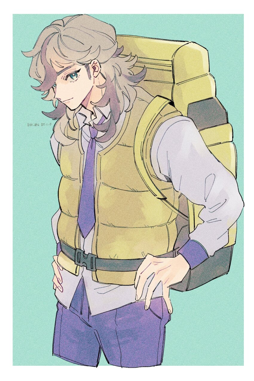1boy, arven_(pokemon), backpack, bag, brown_hair, collared_shirt, ei_(gibeon), green_eyes, hair_over_one_eye, hands_on_own_hips, highres, light_brown_hair, long_hair, multicolored_hair, necktie, nintendo, open_clothes, open_vest, pants, pokemon, pokemon_scarlet_and_violet, purple_necktie, purple_pants, school_uniform, shirt, smile, two-tone_hair, uva_academy_school_uniform, vest, yellow_bag, yellow_vest