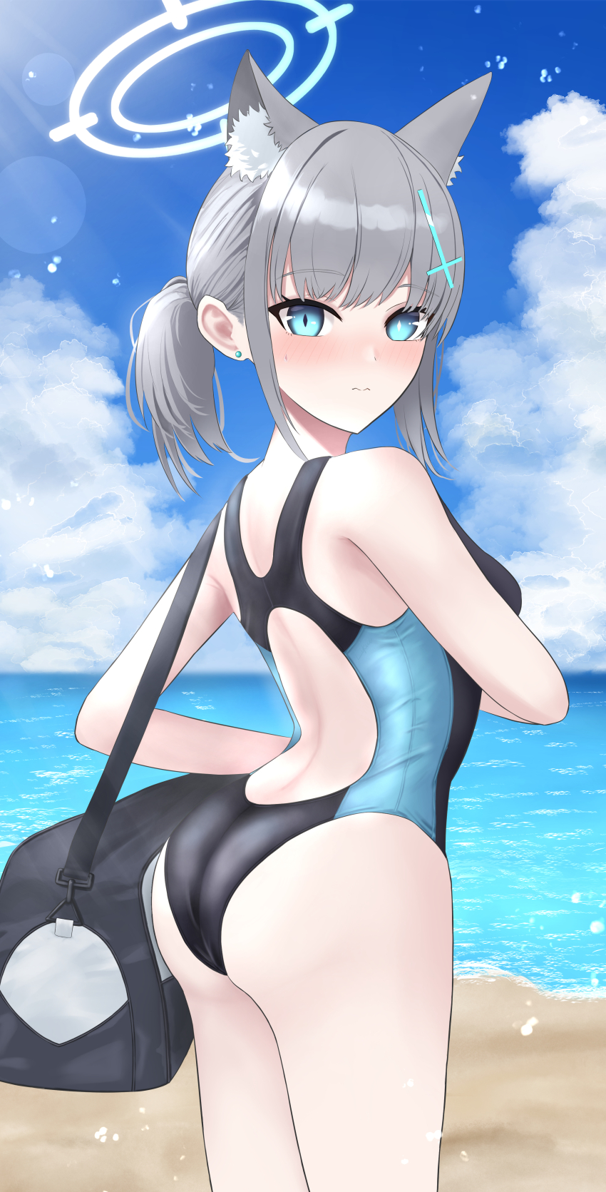 absurdres, animal_ear_fluff, animal_ears, ass, bag, beach, black_one-piece_swimsuit, blue_archive