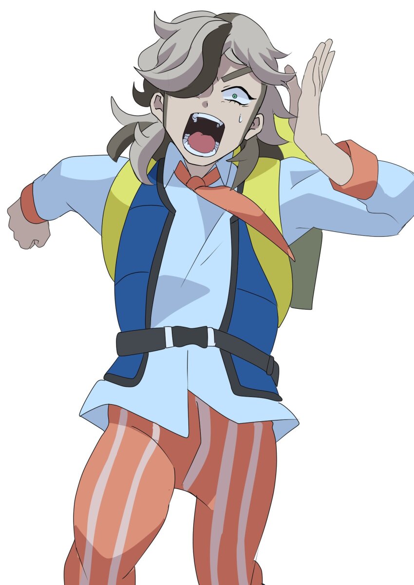1boy, akisame_kanon, arven_(pokemon), brown_hair, collared_shirt, green_eyes, hair_over_one_eye, highres, light_brown_hair, long_hair, male_focus, multicolored_hair, naranja_academy_school_uniform, necktie, nintendo, open_mouth, orange_necktie, orange_pants, pants, pokemon, pokemon:_paldean_winds, pokemon_scarlet_and_violet, running, school_uniform, screaming, shirt, striped_clothes, striped_pants, sweatdrop, vest, white_background, yellow_bag