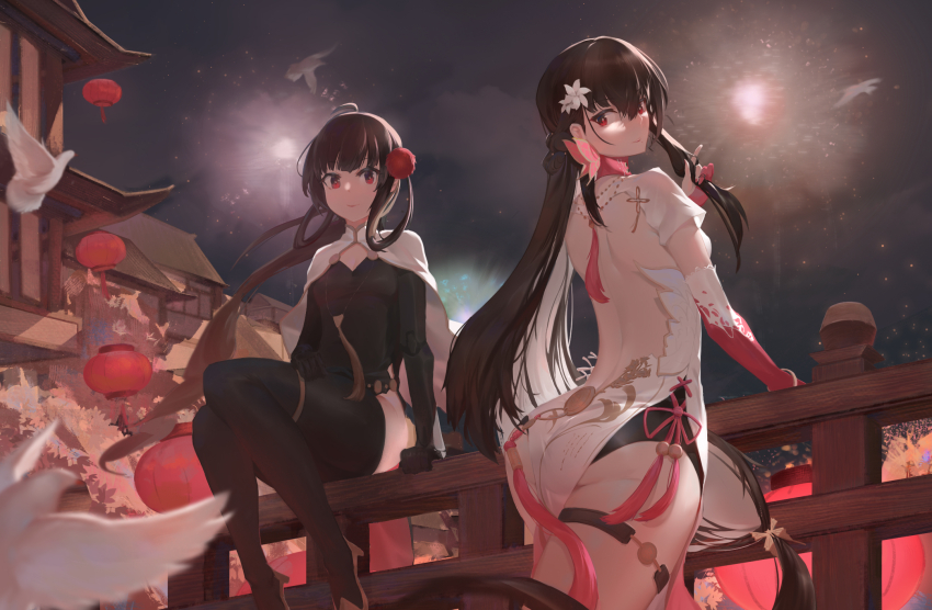 2girls, ass, bird, black_hair, black_thighhighs, breasts, china_dress, chinese_clothes