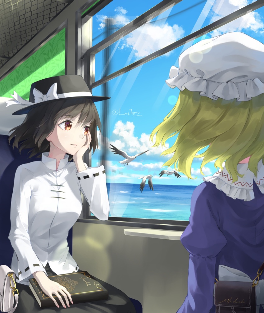 2girls, back_bow, bag, bird, black_skirt, blonde_hair, book, bow, brown_eyes, brown_hair, chinese_clothes, fedora, from_behind, hand_on_own_cheek, hand_on_own_face, handbag, hat, highres, light_smile, looking_through_window, maribel_hearn, mob_cap, multiple_girls, ocean, otomeza_ryuseigun, retrospective_53_minutes, seagull, shirt, short_hair, skirt, touhou, train_interior, upper_body, usami_renko, white_shirt