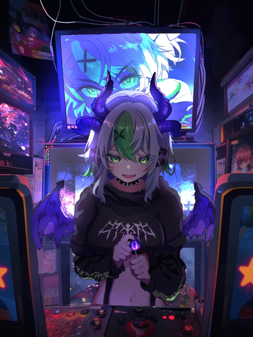 1girl, apricot_the_lich, apricot_the_lich_(goth), arcade, arcade_cabinet, backlighting, black_collar, black_hoodie