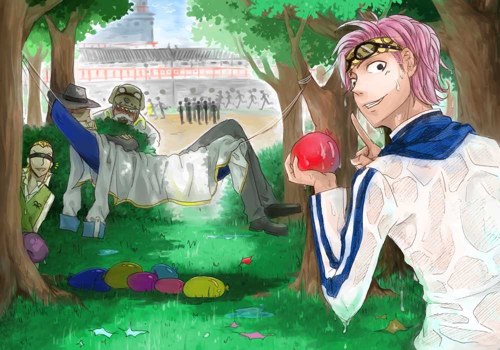 4boys, blonde_hair, bogard_(one_piece), closed_mouth, commentary, covered_eyes, dog_mask, english_commentary