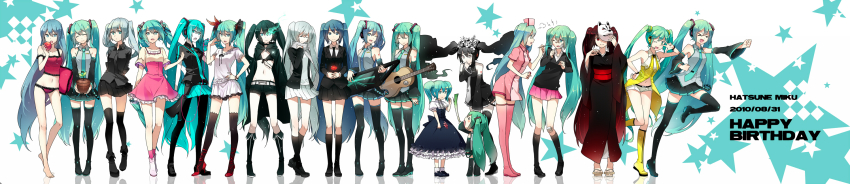 >_<, 10s, 6+girls, acoustic_guitar, ankle_boots, annotated, ano_gakki, apple, aqua_eyes, aqua_hair, bandaid, barefoot, bikini, bikini_top_only, black_hair, black_rock_shooter, blue_eyes, blue_hair, boots, bow, camisole, clock_lock_works_(vocaloid), closed_eyes, detached_sleeves, flower, food, formal_clothes, fox_mask, fruit, glowing, glowing_eyes, guitar, hachune_miku, hair_bow, hair_ribbon, hajimete_no_koi_ga_owaru_toki_(vocaloid), happy_birthday, hat, hatsune_miku, hatsune_miku_(saihate), hatsune_miku_(supreme), hatsune_miku_(yellow), headphones, headset, hello_planet_(vocaloid), high_heel_boots, high_heels, highres, instrument, japanese_clothes, kimono, knee_boots, koi_wa_sensou_(vocaloid), koiiro_byoutou_(vocaloid), legs, loafers, long_hair, long_image, mask, megaphone, melt_(vocaloid), midriff, miku_miku_ni_shite_ageru_(vocaloid), multiple_girls, multiple_persona, musunde_hiraite_rasetsu_to_mukuro_(vocaloid), navel, necktie, nisoku_hokou_(vocaloid), nurse, odd_one_out, one_eye_closed, panties, pantyhose, pillow, plant, pot, project_diva, project_diva_(series), project_diva_2nd, red_eyes, rella, ribbon, rolling_girl_(vocaloid), romeo_to_cinderella_(vocaloid), saihate_(vocaloid), sandals, scarf, shoes, skirt, smile, songover, star_(symbol), stargazer_(vocaloid), strappy_heels, striped_clothes, striped_scarf, suit, swimsuit, thigh_boots, thighhighs, twintails, umbrella, underwear, v, very_long_hair, vocaloid, voice_(vocaloid), white_scarf, wide_image, wince, wink, world_is_mine_(vocaloid), yellow_(vocaloid), yukata, zettai_ryouiki