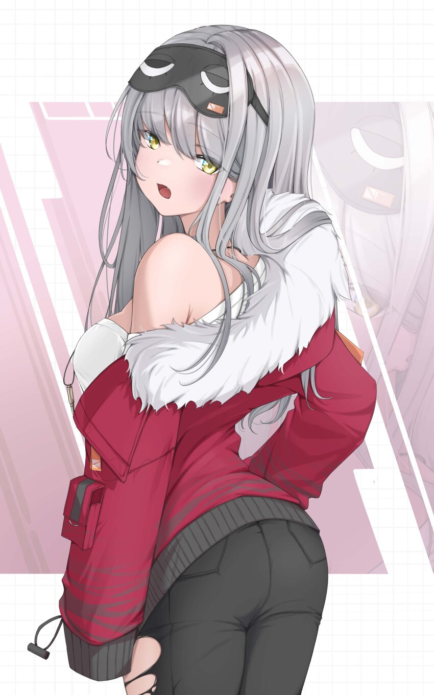 1girl, absurdres, ass, bare_shoulders, black_pantyhose, frima_(nikke), from_behind, fur_collar, goddess_of_victory:_nikke, grey_hair, hairu_821, highres, jacket, long_hair, looking_at_viewer, looking_back, off-shoulder_jacket, off_shoulder, open_mouth, pants, pantyhose, red_jacket, shirt, sleep_mask, solo, torn_clothes, torn_pants, white_shirt, yellow_eyes, zoom_layer