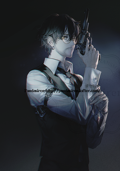 1boy, abstract_background, black_hair, black_necktie, black_vest, brown_eyes, chinese_commentary, commentary_request