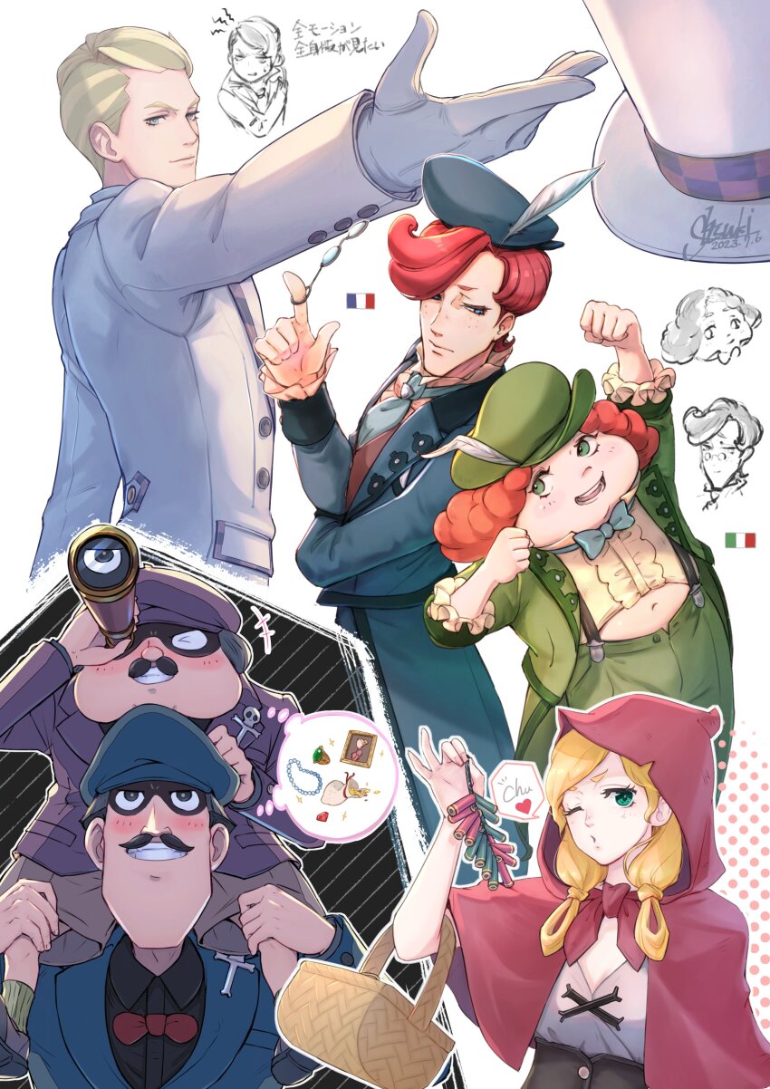 1girl, 5boys, absurdres, ace_attorney, ashley_graydon, basket, beret, black_hair, black_shirt, blonde_hair, blue_bow, blue_bowtie, blue_coat, blue_eyes, blue_headwear, blue_necktie, bow, bowtie, breasts, brothers, capelet, carrying, center_frills, cleavage, closed_mouth, coat, collared_shirt, doodle_inset, eye_mask, fabien_de_rousseau, fat, fat_man, fireworks, freckles, frills, gem, gloves, green_eyes, green_jacket, green_pants, grey_shorts, grin, hair_rings, hand_up, hands_up, hat, hat_feather, heart, height_difference, highres, holding, holding_basket, holding_fireworks, holding_removed_eyewear, hood, hood_up, hooded_capelet, index_fingers_raised, jacket, jewelry, long_sleeves, looking_at_another, looking_at_viewer, male_focus, mask, midriff, money, monocular, multiple_boys, nash_skulkin, necklace, necktie, newsboy_cap, one_eye_closed, open_clothes, open_jacket, open_mouth, orange_hair, outstretched_arm, pants, peppino_de_rossi, purple_headwear, purple_jacket, red_bow, red_capelet, red_hair, ringo_skulkin, sack, shirt, short_hair, shorts, shoulder_carry, siblings, small_breasts, smile, sparkle, speech_bubble, suspenders, swept_bangs, the_great_ace_attorney, the_great_ace_attorney:_adventures, the_great_ace_attorney_2:_resolve, thought_bubble, throwing, top_hat, tsuki_(applebeniakari), unworn_eyewear, unworn_hat, unworn_headwear, upper_body, venus_(ace_attorney), white_gloves, white_headwear, white_jacket, white_shirt