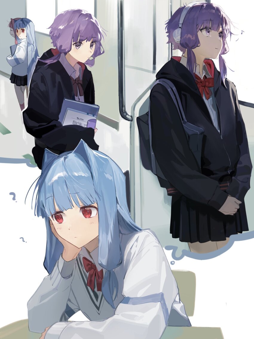 3girls, ?, alternate_costume, bag, black_hoodie, black_skirt, bloom, blue_hair